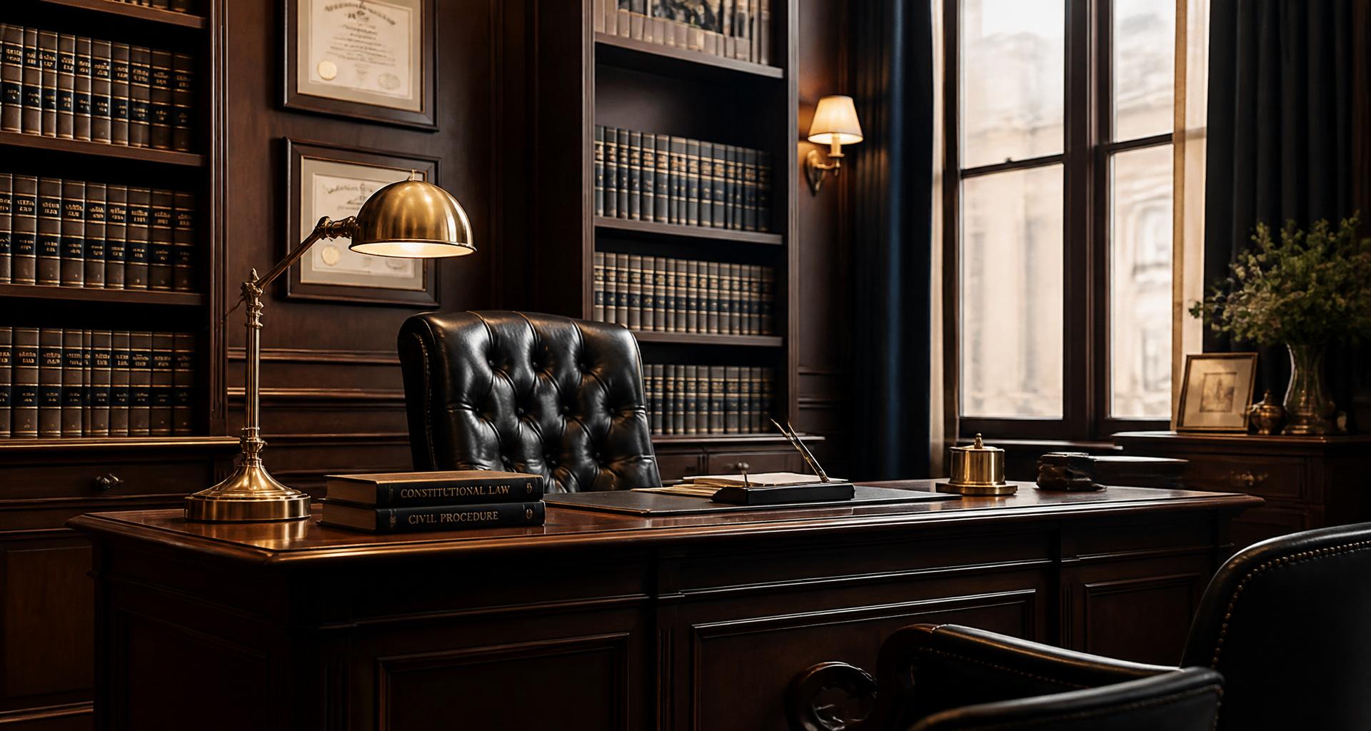 Elegant law office with mahogany desk and leather chair